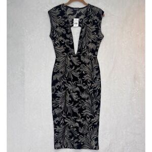 Fashion Nova Black Gold Embroidered Bodycon Midi Dress Plunge Neck Size L